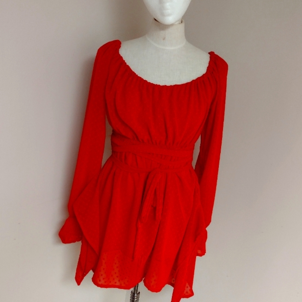 Red Dotted Chiffon Fairycore Blouse